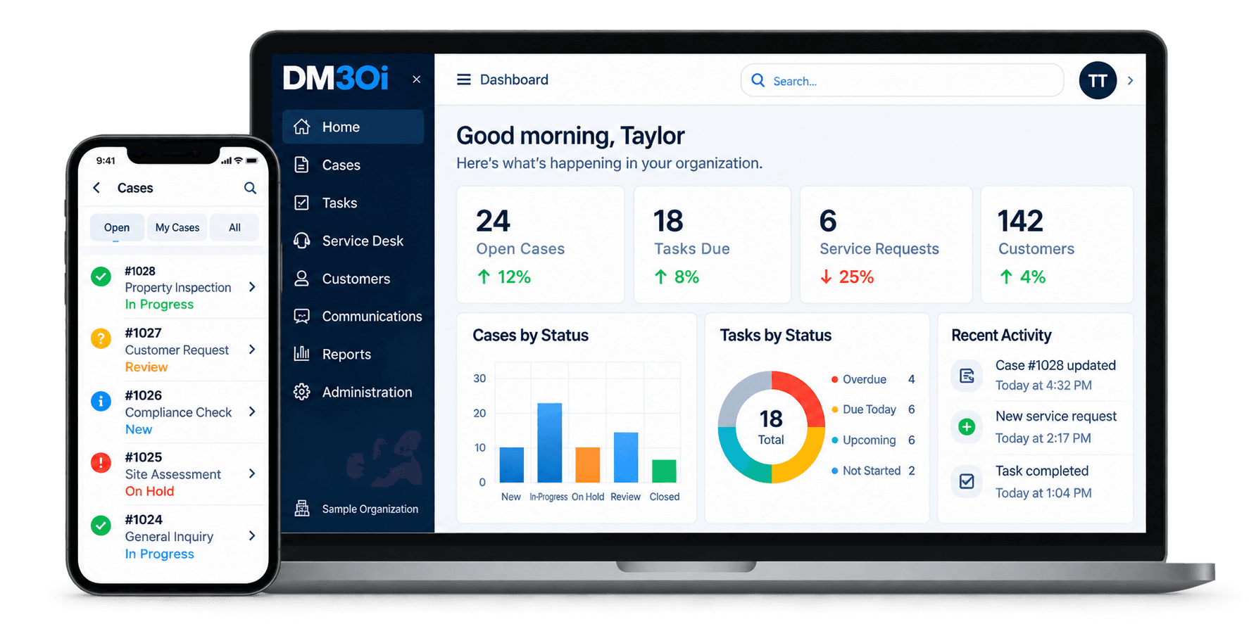 DM3Oi dashboard with Service Desk and operational workspaces shown across desktop and mobile